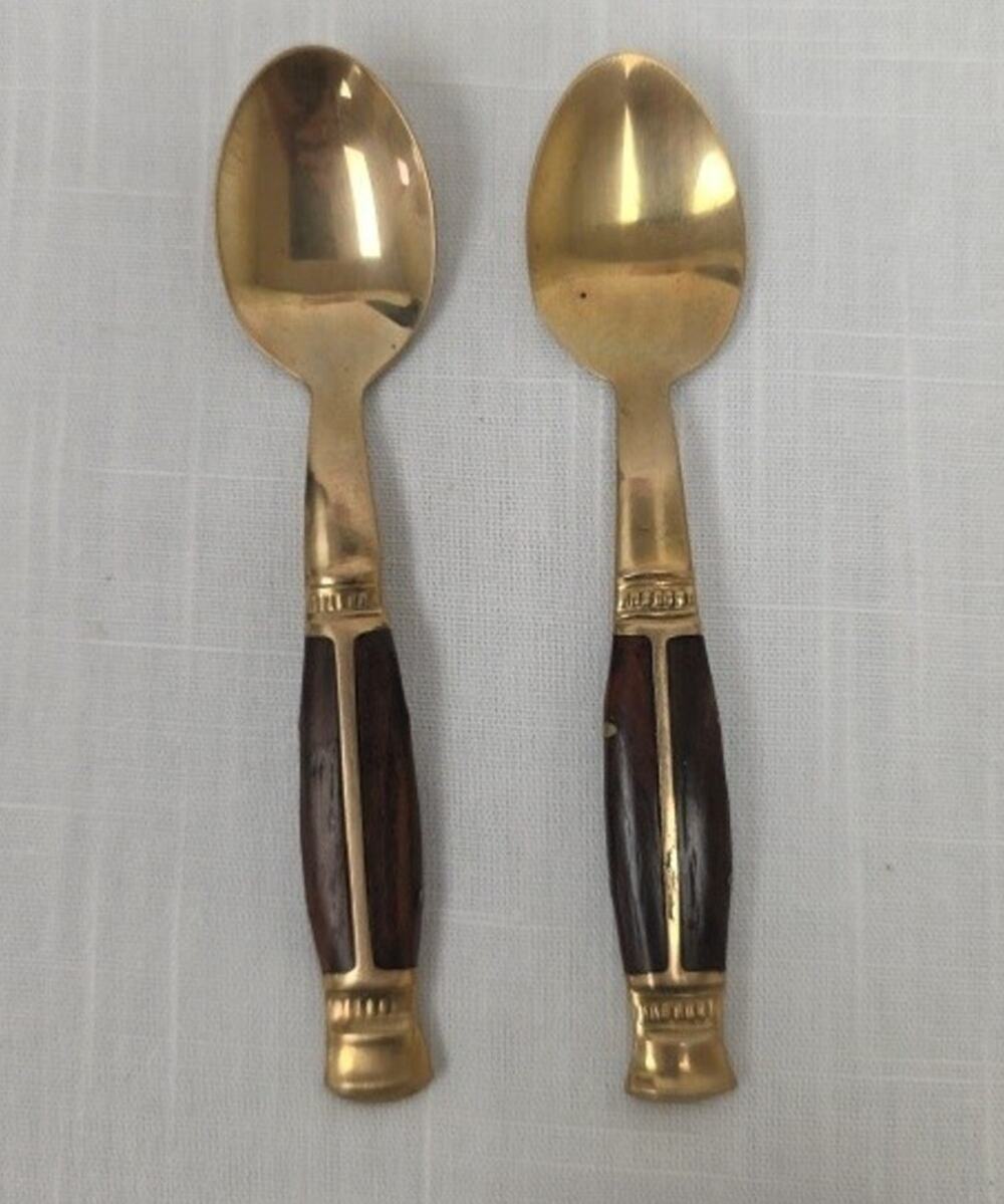 Vintage Thailand Brass & Wood Souvenir Teaspoons Set of 2 Thai Flatware